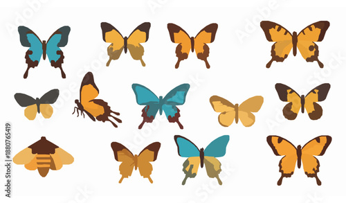 Colorful Exotic Butterflies and Moths Flat Vector Illustration Decorative Set
