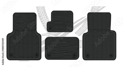 Complete set of four black all-weather car floor mats with wavy texture patterns for interior protection and automotive maintenance marketing.
