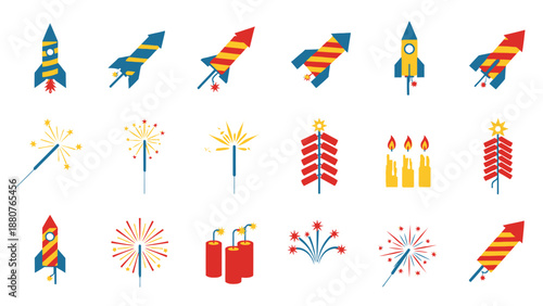 Colorful Fireworks and Rocket Icon Set for Celebration isolated white background