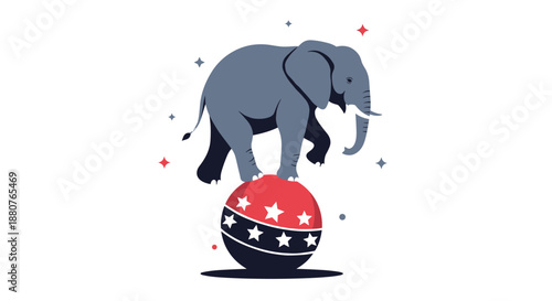 Circus elephant balancing on a large red and black ball decorated with stars against a white background with decorative sparkle accents.