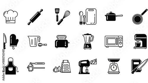 Kitchen Utensils and Appliances Icons Set.