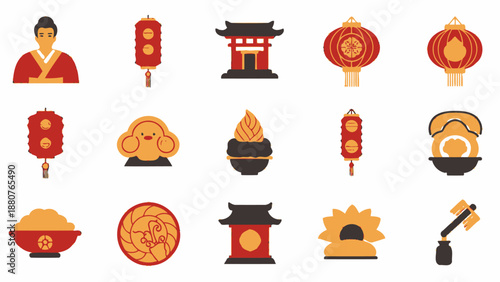 Set of Colorful Chinese New Year and Cultural Traditional Flat Icons, Isolated White Background