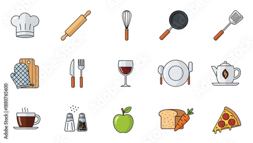 Kitchen Utensils and Food Items Illustration Set.