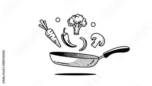 stir fry vegetables in pan a monochrome graphic depicting carrot broccoli mushroom and chili for healthy meal preparation and recipe designs.
