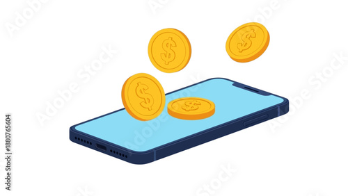 mobile payment concept with golden dollar coins falling onto a smartphone screen for modern digital financial transactions and online banking applications