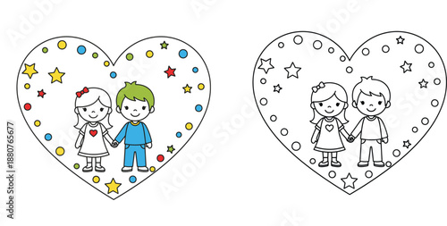 Cute boy and girl holding hands inside heart frame with stars and coloring page outline vector illustration