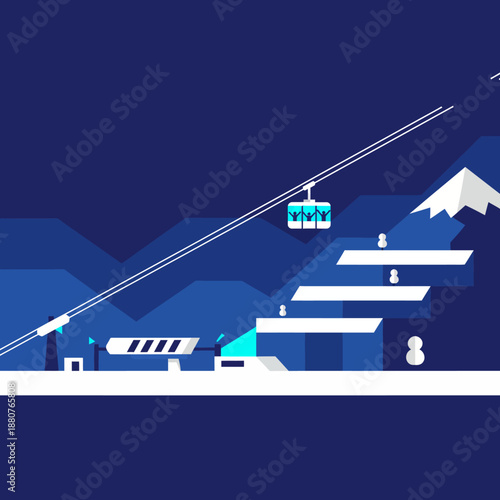 minimalist winter mountain resort illustration with cable car and people skiing great for travel agency brochures and seasonal leisure concepts
