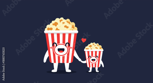 Adorable large and small popcorn bucket characters holding hands with a red heart symbol for cinema and family movie night promotions.
