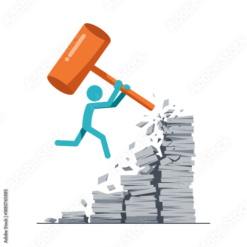problem solving stick figure smashing a large pile of office paperwork with an orange mallet representing efficient workload reduction.