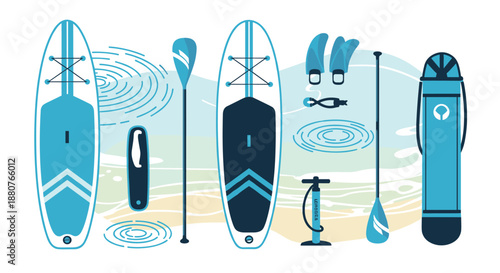 Flat lay collection of stand up paddleboarding equipment including boards, paddles, fins, and pump over a beach and ocean wave background.