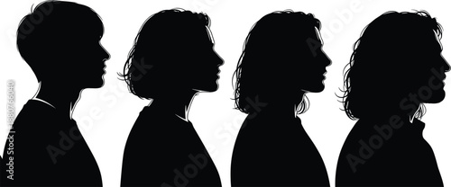 Human profile silhouettes side view collection, diverse male and female faces, black vector illustration set, identity and personality concept isolated on white background