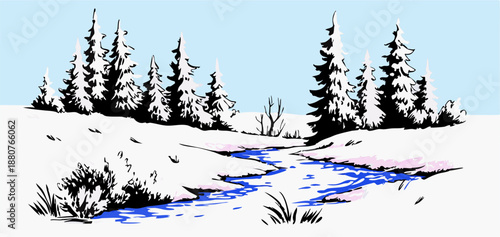Winter Stream Landscape with Snowy Pine Forest and Frozen River Illustration