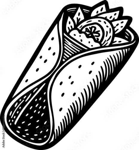 A hand-drawn style vector of a tortilla wrap filled with meat and vegetables.