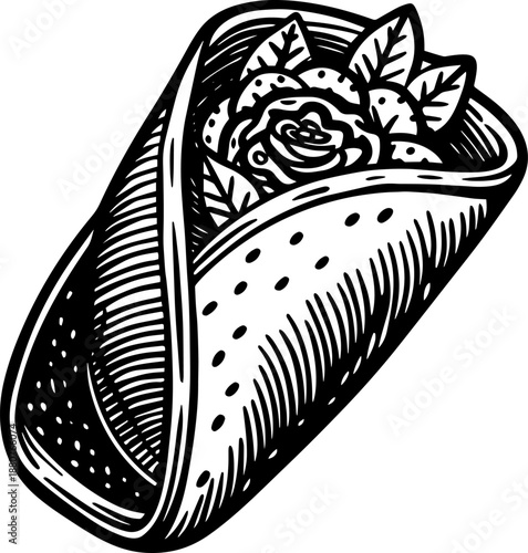 A hand-drawn style vector of a tortilla wrap filled with meat and vegetables.