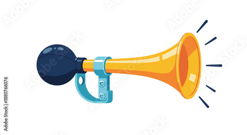 Classic yellow metal bulb horn with a blue squeeze bulb and mounting bracket for vintage bicycle, clown, or automotive accessory concepts.