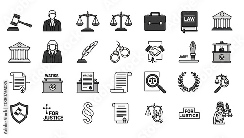 Law and Justice Icons Set Black White.