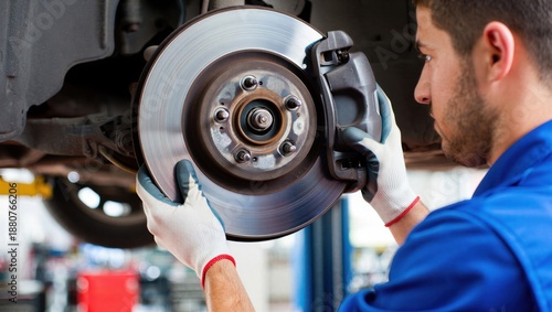 Mechanic in blue uniform carefully inspecting and servicing a car's brake system. Automotive repair and maintenance.