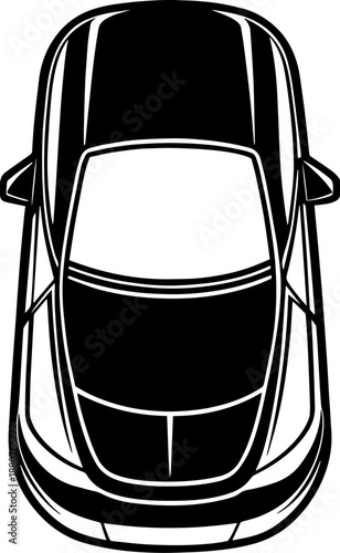 A black and white vector illustration of a sedan car seen from above.