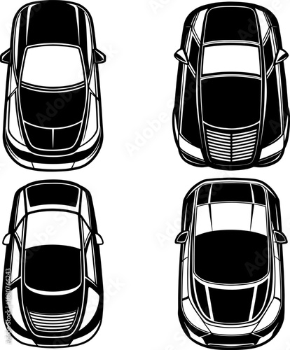 Set of A black and white vector illustration of a sedan car seen from above.