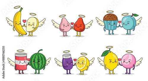 Collection of cute food and fruit characters as angels with halos and wings holding hands in pairs to represent sweet friendship or love.