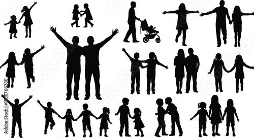 Happy family silhouettes together in different poses, parents and children bonding moments, love and unity concept, black vector illustration isolated on white background