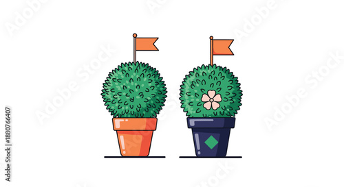 Two round green topiary bushes in orange and blue pots decorated with small flags and a pink flower for garden and home decor illustration.