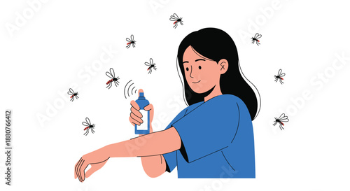 Young woman applying insect repellent spray to her arm to protect herself from a swarm of mosquitoes during outdoor activities or travel.