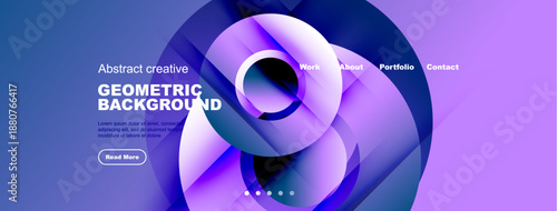 Abstract website design features flowing purple shapes, text, navigation menu. Modern aesthetic, vibrant colors, clean layout.