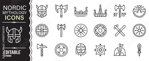 Viking culture and Nordic myth symbols outline icon set