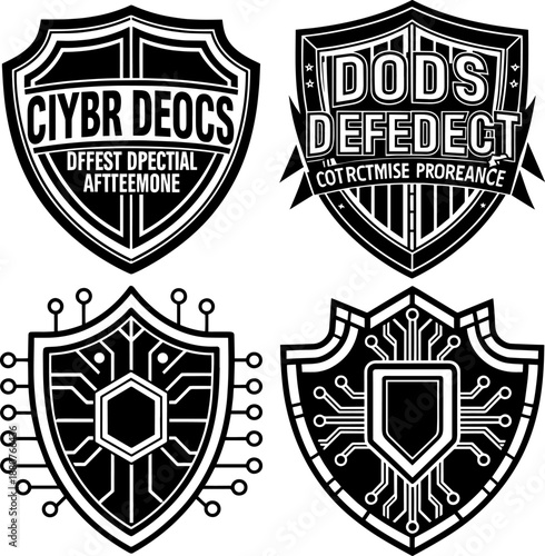 Set of A black and white vector emblem representing digital defense and data protection.