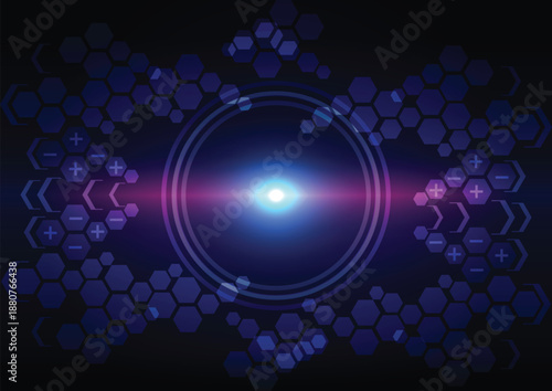 Abstract blue neon ring light portal with honeycomb geometric patterns, digital background for innovation and science concept. illustration vector design