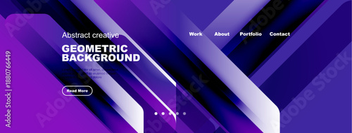 Modern website header design. Gradient purple hues dominate, featuring geometric shapes, text elements, navigation options. Clean, stylish presentation.