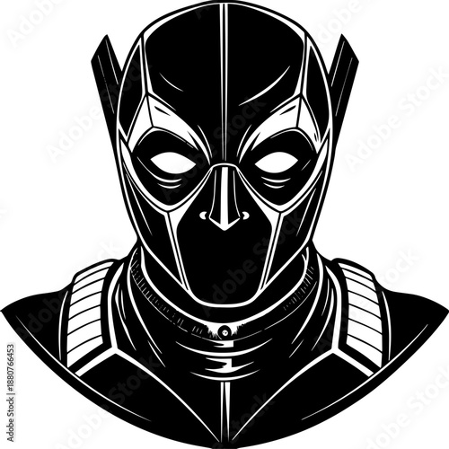 A stylized black and white illustration of a tactical anti-hero mask.