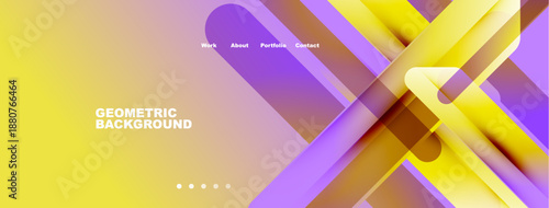 Abstract geometric background. Website header with navigation options. Bright colors, modern design, simple layout.