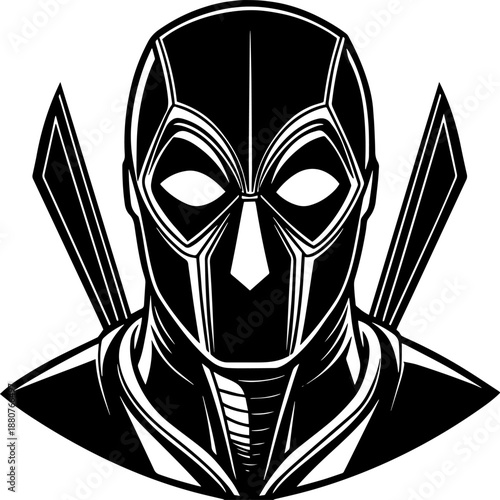 A stylized black and white illustration of a tactical anti-hero mask.