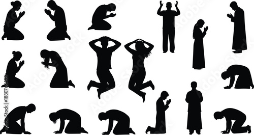 People praying and worshiping silhouettes in different poses, spiritual devotion concept, black vector illustration set, religious faith and meditation isolated on white background