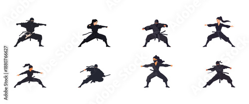 Ninja Warriors Vector Set Dynamic Male and Female Martial Arts Characters in Action Poses