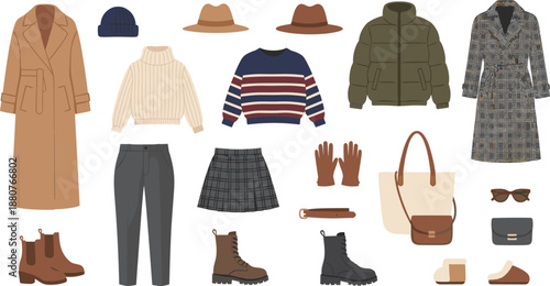 Stylish Winter Fashion Illustration Set Featuring Coats, Sweaters, Pants, Skirts, Boots, Hats, Bags, Gloves and Cozy Seasonal Clothing Items