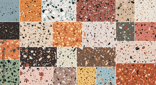 Comprehensive collection of diverse terrazzo stone patterns in various colors and chip sizes for flooring and interior surface design inspiration.