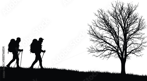Silhouette hikers trekking uphill with backpacks and trekking poles, outdoor adventure concept, wilderness landscape with leafless tree, minimalist nature travel illustration background
