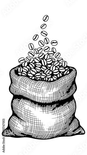 A detailed drawing of coffee beans spilling from a burlap sack bag.