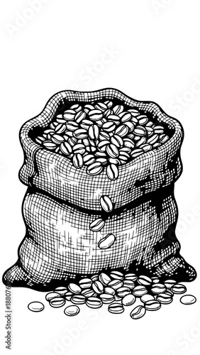A burlap sack overflows with coffee beans on the ground outdoors