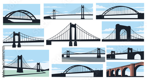 Set of diverse bridge silhouettes including suspension, arch, and cable-stayed designs against a soft blue and white sky for architectural concepts.