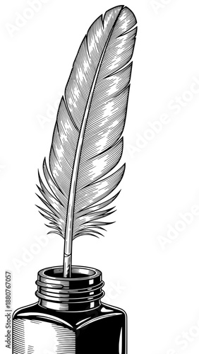 A quill feather rests in an inkwell with detailed barbs and reflections.