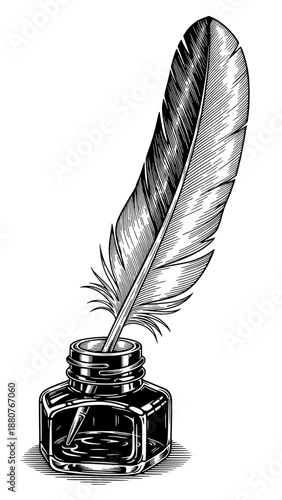 A quill pen sits in an inkwell on a surface indoors.