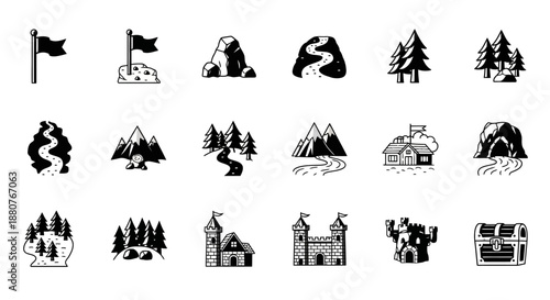 Black and white mountain icons set.