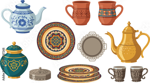 Traditional Decorative Pottery and Tableware Illustration Set Featuring Teapots, Cups, Plates, Jars, Ornamental Patterns and Cultural Ceramic Designs