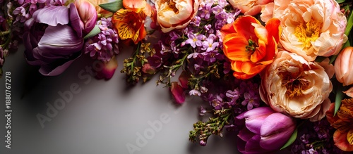 Elegant mix of blooming peonies and tulips on neutral gray surface with soft shadows, perfect for invitations, floral backgrounds