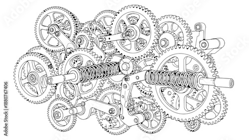 Vector illustration of intricate gears and mechanical components in a complex assembly