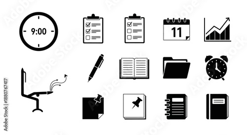 Black icons of office supplies and gadgets.